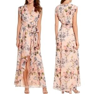 Eliza J Blush Pink Floral Ruffle High Low Faux Wrap Women’s Maxi Dress Sz 6